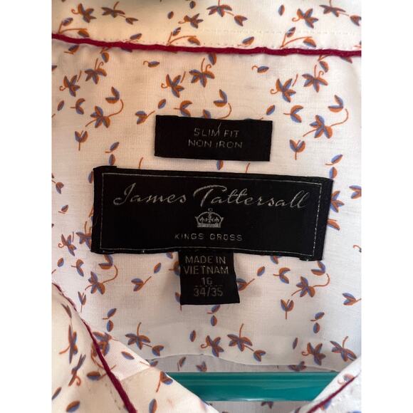 James Tattersall London  Button up shirt White w/ leaf pattern  Size 16 34/35 - Picture 2 of 5